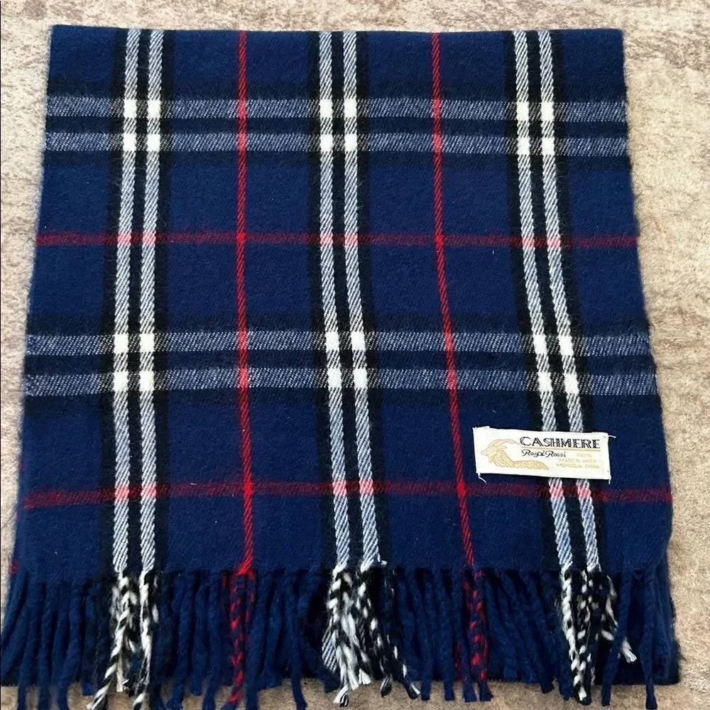 Cashmere Plaid Fringe Scarf in Navy and Red 100% Kashmir by Royal Rossi